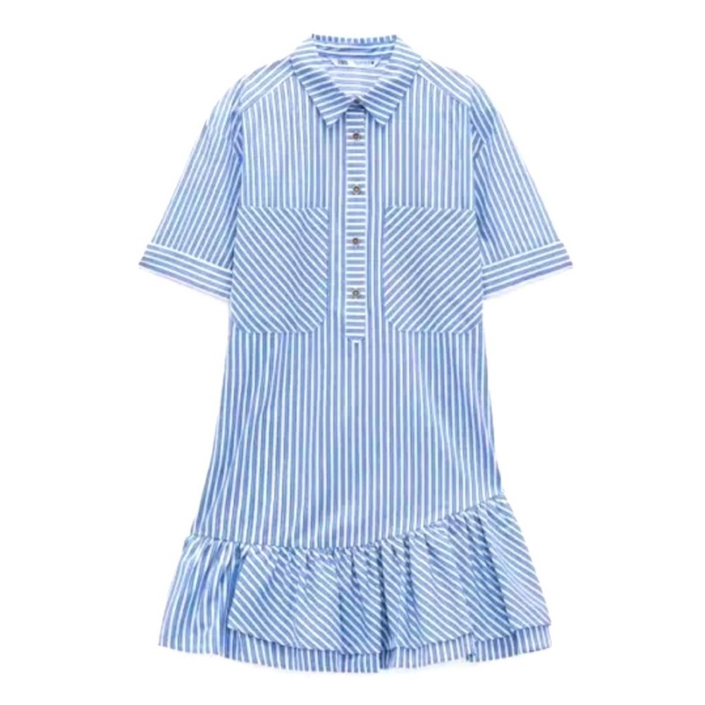 Zara Blue and Cream Striped Mini Dress Ruffle Frill Size Small Oversized - Picture 8 of 9